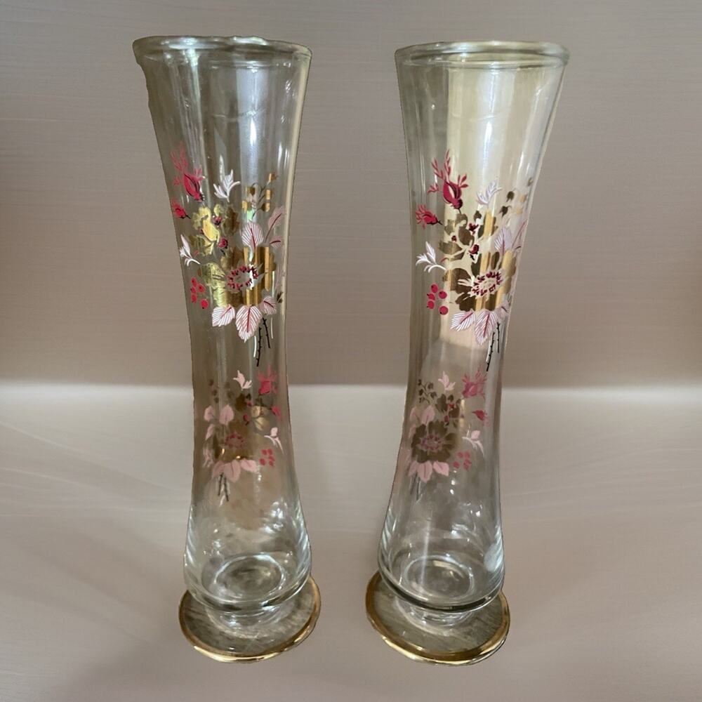 Vintage Bohemian Style Glass Bud Vases Hand Painted White Gold Floral Pair 6"